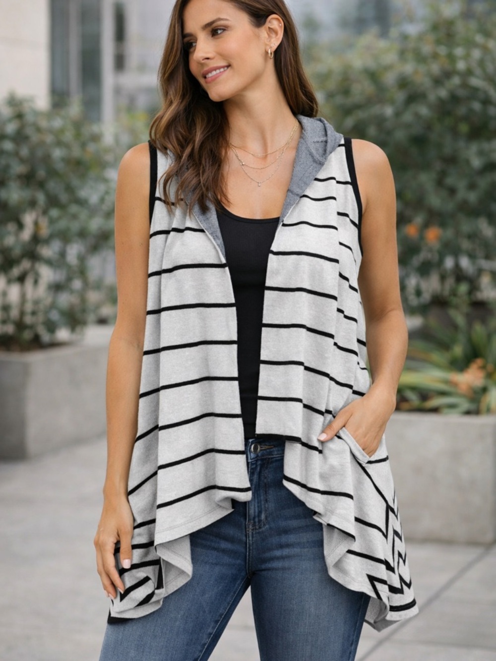 Merona Striped Sleeveless Cardigan Vest - Gray & Black